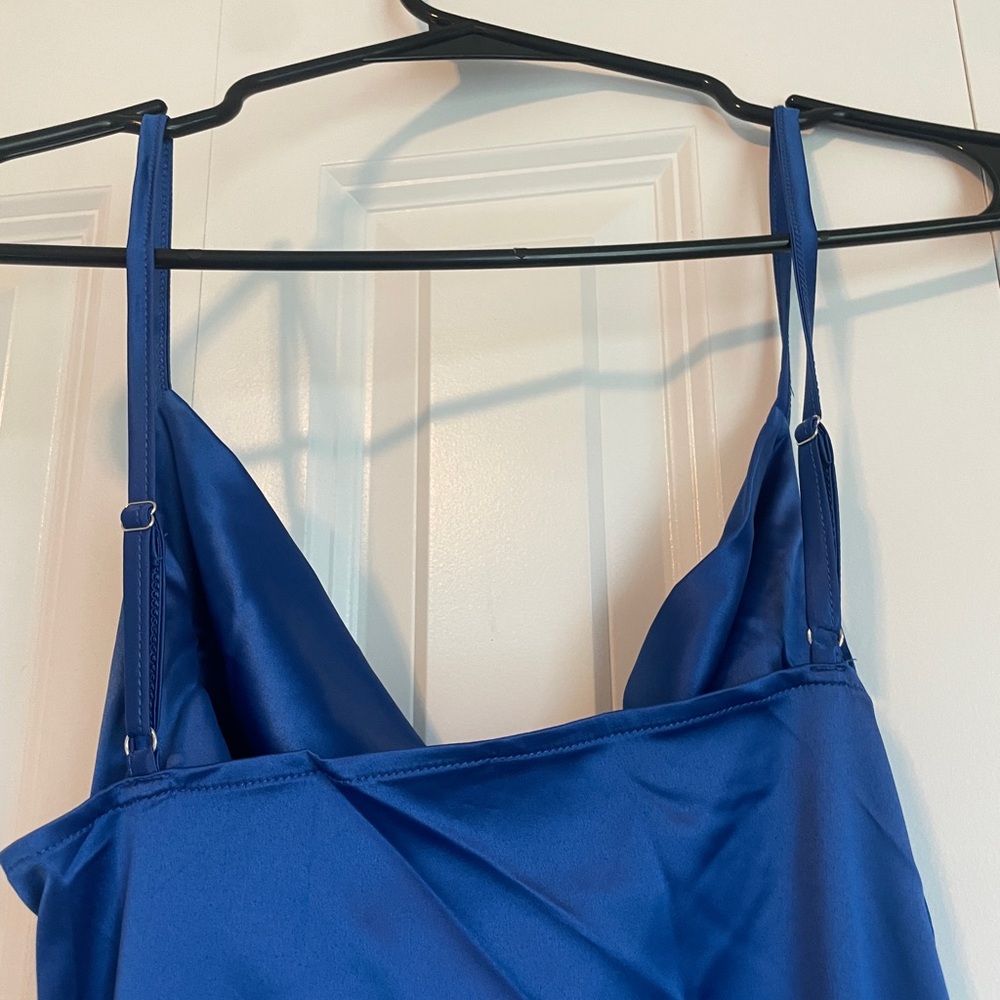 Blue tie side asymmetrical cowl neck dress
